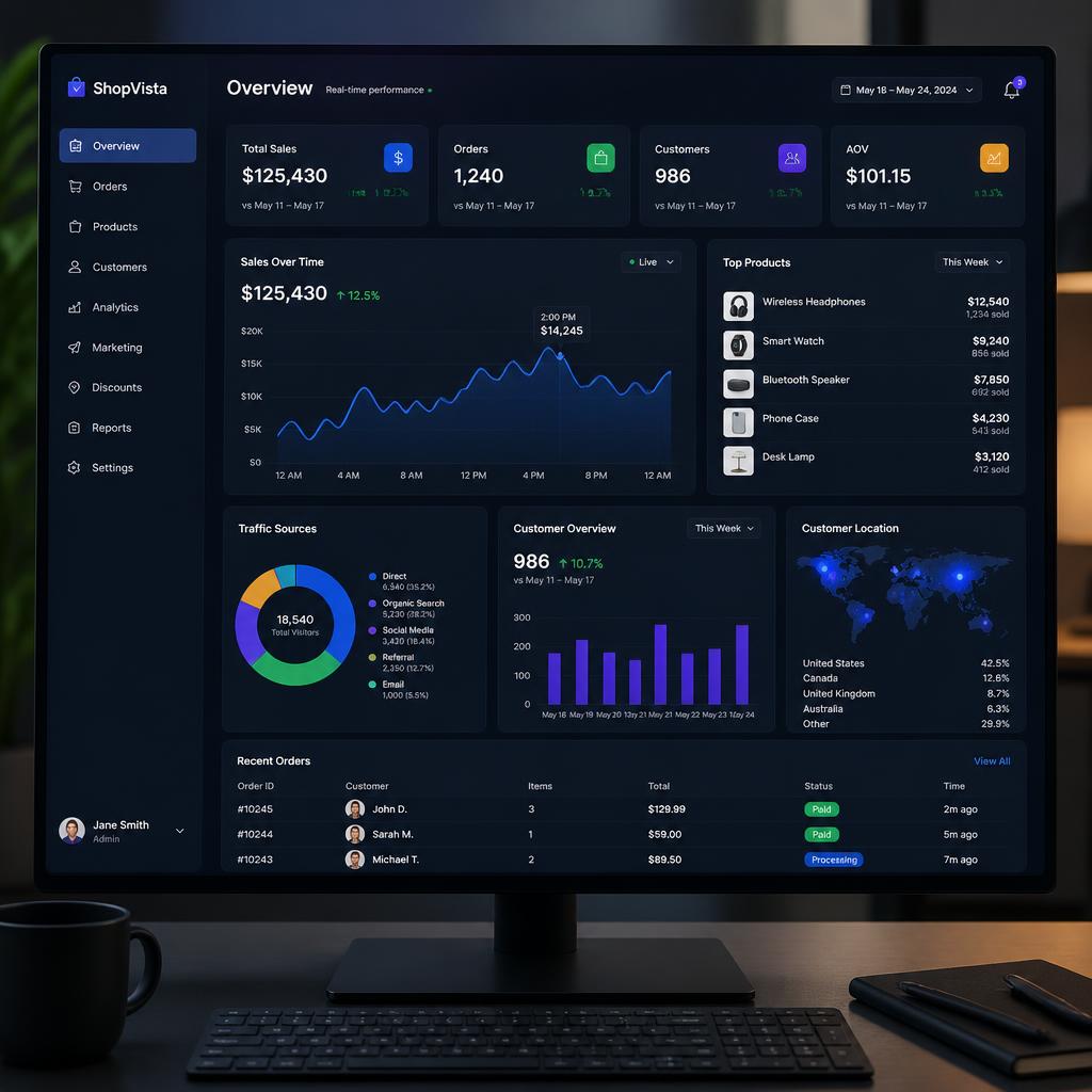 Modern e-commerce analytics dashboard showing real-time sales data and customer metrics on a sleek monitor